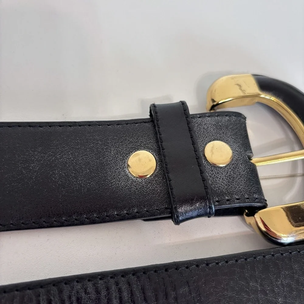 B-Low The Belt Womens Oversized Horseshoe Buckle Leather Belt Medium Black Gold